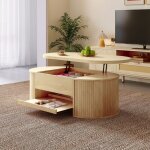 Table basse relevable, r�glable en hauteur avec plateaux en bois courb�s et �tag�re de rangement extensible, ...