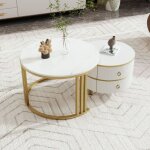 Wishdor - table basse ronde 2 en 1 avec plateau brillant et 1 plateau en marbre, en mdf, blanc et or Wishdor - table basse ronde 2 en 1 avec plateau brillant et 1 plateau en marbre, en mdf, blanc et or
