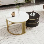 Wishdor - table basse ronde 2 en 1 avec plateau brillant et 1 plateau en marbre, en mdf, blanc, or et ... Wishdor - table basse ronde 2 en 1 avec plateau brillant et 1 plateau en marbre, en mdf, blanc, or et ...