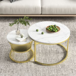 Tables basse, table basse ronde, lot de 2 table basse gigogne, placage de marbre, rond, blanc - 70 x ...
