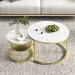 Tables basse, table basse ronde, lot de 2 table basse gigogne, placage de marbre, rond, blanc - 70 x ...