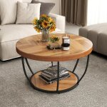 Table basse ronde � 2 niveaux d. 80x45cm - cadre en m�tal robuste et plateaux en bois - style industriel ...
