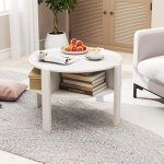 Costway - table basse ronde 2 niveaux, table ronde bois avec rangement, 4 compartiments, design compact, ...