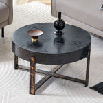 Table basse ronde � 68 cm, style r�tro industriel - hauteur 39 cm, plateau mdf grain bois noir, pi�tement ...