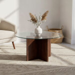 Table basse ronde �80cm verre tremp� transparent et structure noyer giulia