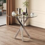 Table basse ronde 80x80x75 cm, plateau en verre tremp�, pieds galvanis�s, argent�e