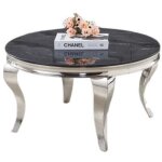 Table basse baroque ronde plateau verre tremp� marbr� noir structure chrome d80x45cm