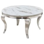 Table basse ronde baroque chrome et plateau en verre de 80 cm
