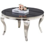 Table basse ronde baroque chrome et plateau en verre de 80 cm