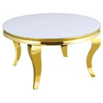 Table basse ronde baroque gold et plateau en verre blanc de 80 cm