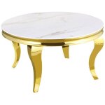 Table basse ronde baroque gold et plateau en verre marbre blanc de 80 cm
