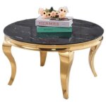 Table basse ronde baroque gold et plateau en verre marbre noir de 80 cm