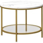Homcom - table basse ronde dia. 60 cm avec �tag�re verre tremp� m�tal dor� plateau effet marbre blanc ...