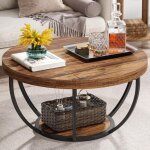 Table basse ronde industrielle � 2 niveaux avec �tag�res de rangement, table centrale moderne en bois ...