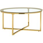 Table basse lorie ronde plateau verre tremp� transparent structure m�tal gold d90x45cm
