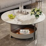 Unho - table basse ronde marbre effet blanche - pierre fritte vritable - cuir de selle en microfibre ...
