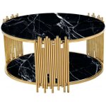 Table basse ronde stick gold et plateau en verre marbre noir d90 h45 cm
