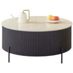 Table basse ruby ronde plateau c�ramique effet travertin noir pied m�tal noir d100xh45 cm