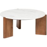 Pegane - table basse, table de salon en manguier coloris marron et marbre blanc - diam�tre 91, 5 x hauteur ...