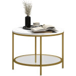 Table basse salon ronde moderne � 2 niveaux plateau effet marbre et �tag�re en verre tremp�, � 60 x 45 ...