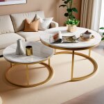 Table basse scandinave gigogne 2 pi�ces, dor�, bois massif marbr� pieds m�tal, ?60cm & ?40cm