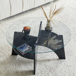 Table basse verre et bois - ronde �80 cm, plateau verre tremp�, pi�tement mdf , pour salon - noir