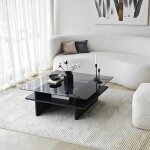 Table basse verre fum� carr�e, base noire salta