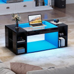 Table basse en verre moderne 100x50x40cm led table � th� compartiment rangement multiple noir brillant ...