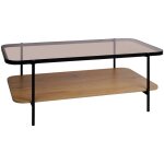 Table basse vintage en m�tal noir avec 2 plateaux (verre et d�cor bois). bords arrondis