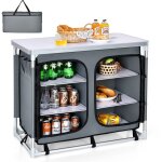 Costway - table de camping pliable, 6 compartiments et 3 etag�res cadre en aluminium avec sac � fermeture ...