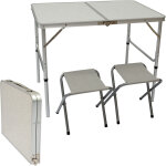 Table de camping pliable réglable en hauteur 90x60x70cm incl 2 tabourets pliants format mallette gris ... Table de camping pliable réglable en hauteur 90x60x70cm incl 2 tabourets pliants format mallette gris ...