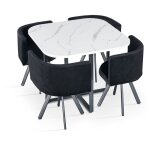Table carr�e 90cm avec 4 chaises gain de place oslo effet marbre blanc et velours noir