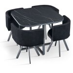 Table carr�e 90cm avec 4 chaises gain de place oslo effet marbre noir et velours noir