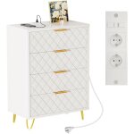 Table de chevet avec avec 4 tiroirs, meuble chambre � coucher pieds dor�, table de nuit, table d'appoint ...