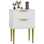 Table de chevet blanche en bois massif de pin - 2 tiroirs & ports usb / prise int�gr�s, pieds dor�s m�tallique ...