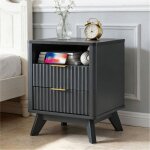 Table de chevet bois moderne 18  style flut� avec station de charge, meuble d'appoint � 2 tiroirs & plateau ...
