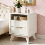 Table de chevet bois moderne 18  style flut� avec station de charge, meuble d'appoint � 2 tiroirs & plateau ...