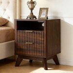 Table de chevet bois moderne 18  style flut� avec station de charge, meuble d'appoint � 2 tiroirs & plateau ...