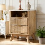 Table de chevet bois moderne 18  style flut� avec station de charge, meuble d'appoint � 2 tiroirs & plateau ...