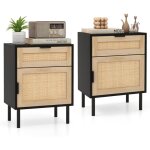 Table de chevet cannage, table de nuit bois avec tiroir, 4 pieds en m�tal, chevet de lit rotin pour chambre, ...