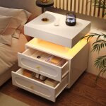 Table de chevet de chambre blanche avec led, 2 tiroirs, rangement ouvert, meuble bas, 50�40�60cm