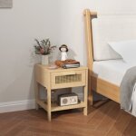 Table de chevet avec tiroir, �tag�re ouverte et design en rotin, 40x40x48, 4 cm, naturel