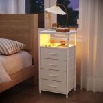Table de chevet en tissu 40x30x80 cm avec �clairage led, prises usb, 4 tiroirs, 4 poches lat�rales et ...