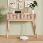 Table console 100x35x80 cm, avec deux tiroirs, poign�es en bois, structure en bois massif, convient pour ...