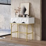 Table console 80 cm, avec 2 tiroirs, design 3d gomtrique, cadre en mtal, table d'appoint, meuble d'entre, ...