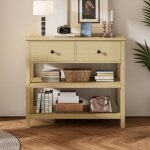 Table console 85x35x77 cm, avec 2 tiroirs, �tag�res ouvertes, 2 poign�es rose - noir, style vintage, ...