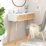 Table console blanc 80x30x75 cm bois massif pin / rotin naturel