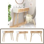 Table console blanc 80x30x75 cm bois massif pin / rotin naturel - table basse - meuble entre - table ...