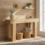 Table console bois - 160�35�85 cm - table d'entr�e pour couloir, salon, grain de bois brun clair