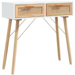 Table console d'entr�e fonctionnel et styl� avec tiroirs 80 x 30 x 75 cm bois pin blanc et rotin naturel ...